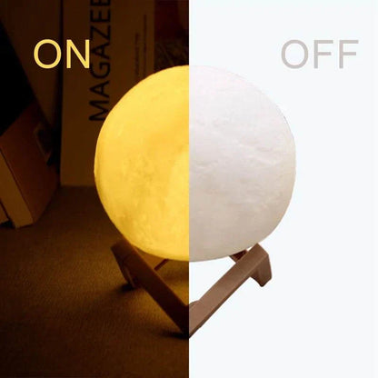 Cosmic Moon LED Book Light with stand showing warm light on and white light off for child bedroom decor.