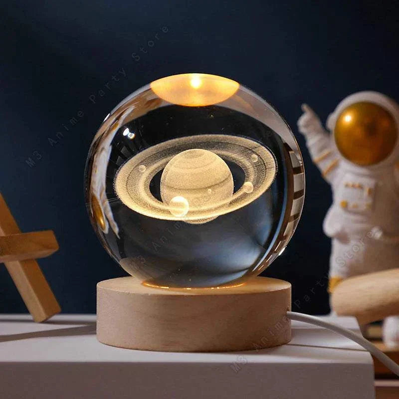 Crystal Ball Moon-Galaxy-Saturn-Solar System LED-Crystal ball LED night light with 3D engraved Saturn design on wooden base, galaxy themed decorative lamp