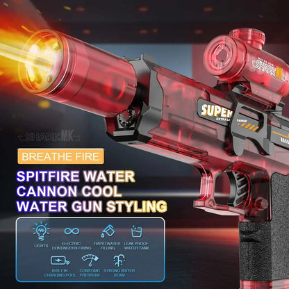 Powerful Electric WaterGun with flame spray effect, built-in lights, and high-pressure continuous water stream for kids' outdoor play.