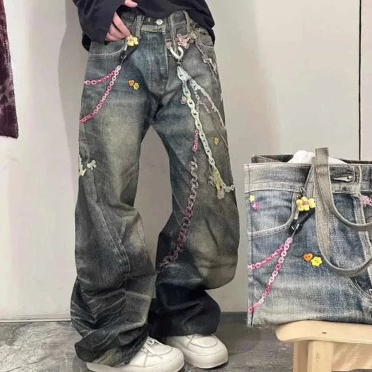 Limited Edition Street Luxe Chain Draped Denim Jeans   #HighQuility!!!