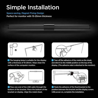 LED Monitor Light Bar with magnetic fixation for easy installation on computer screens 15-25mm thick, USB powered, space-saving design