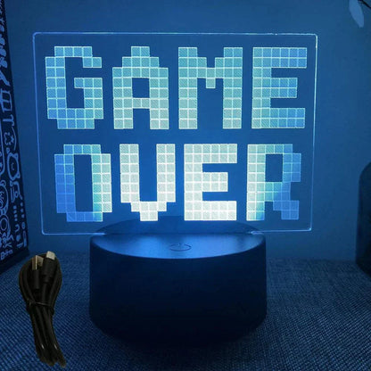 Very bright neon gaming sign LED lamp displaying "GAME OVER" with USB cable on black base