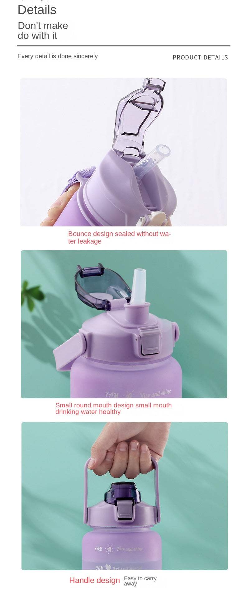 Purple sports water bottle with motivational quotes, time markers, straw lid, and carrying handle.