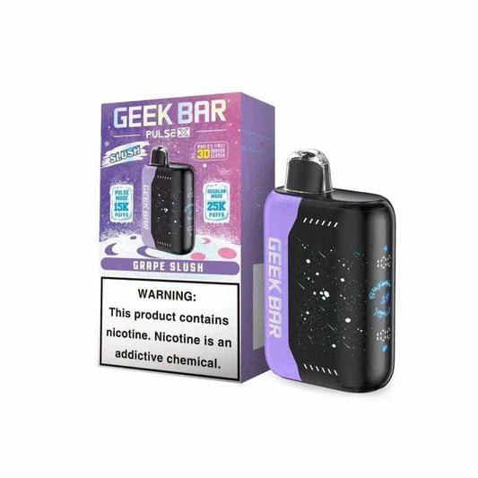 Geek Bar Pulse X disposable vape in grape slush flavor with 25,000 puffs and 5% nicotine.